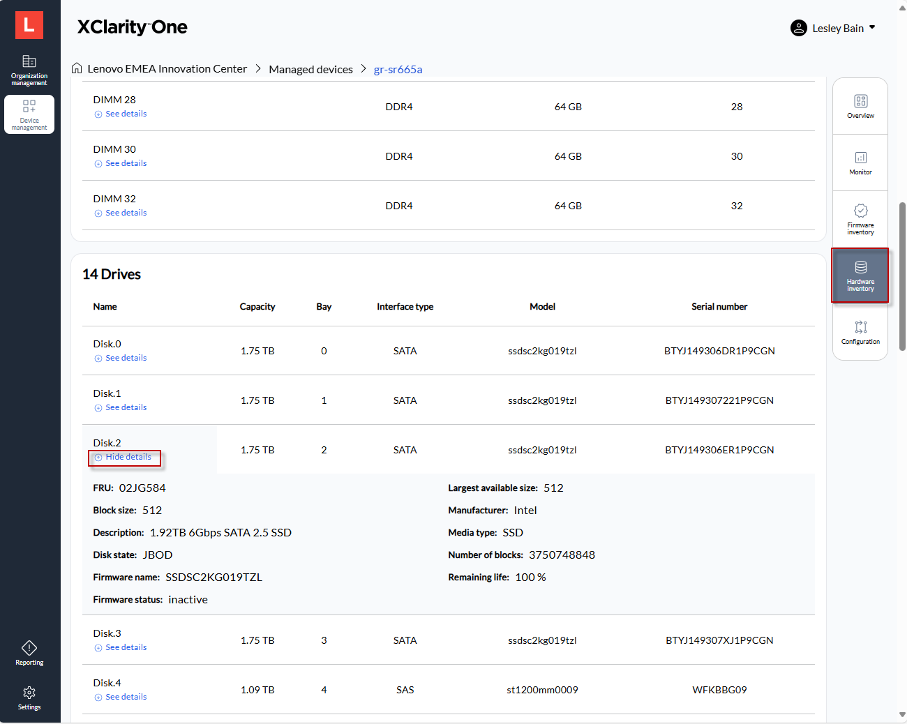 Inventory view for a specific device