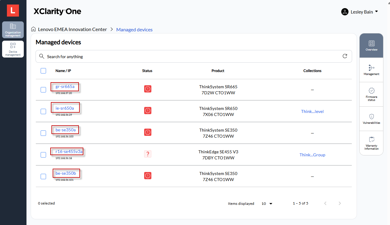 Link to select a specific managed device from the summary of managed devices