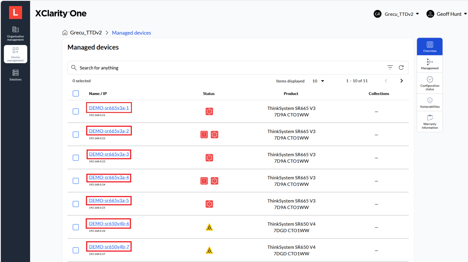 Link to select a specific managed device from the summary of managed devices