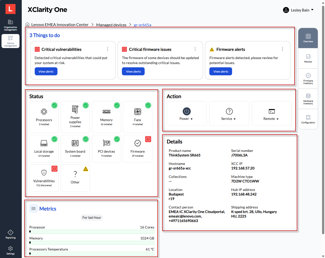 Sections available for each managed device