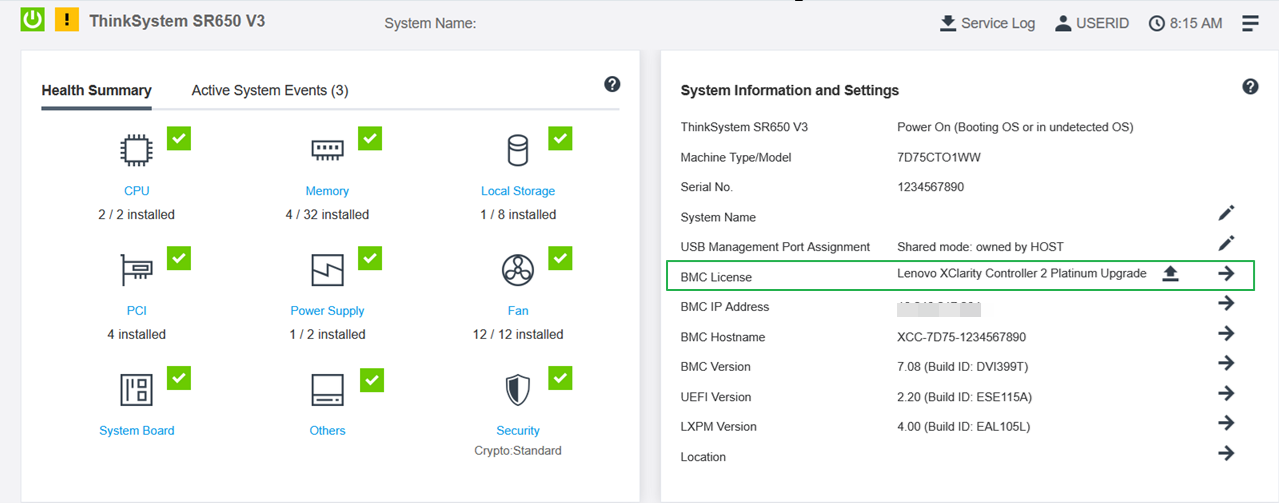 Lenovo BMC License Info in XClarity Controller