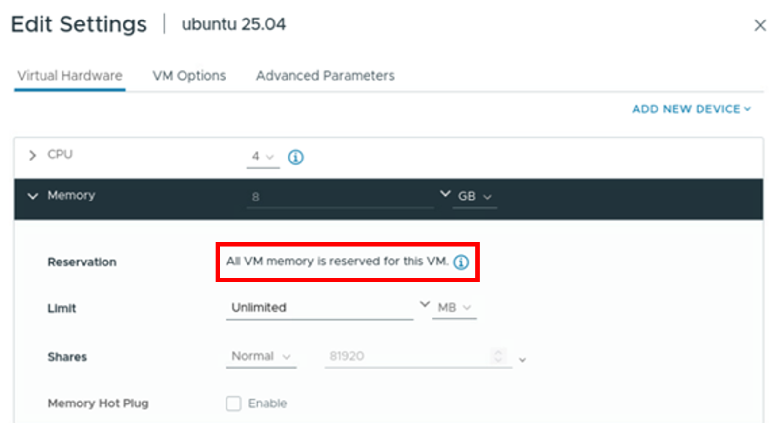 Reserved all memory in VM setting