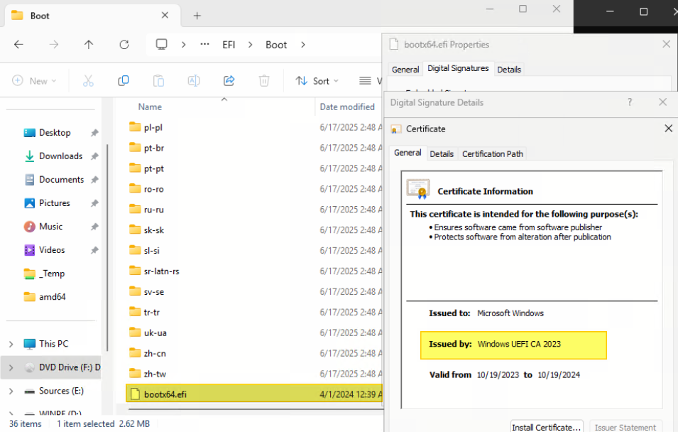 Check the certificate from a WinPE ISO file