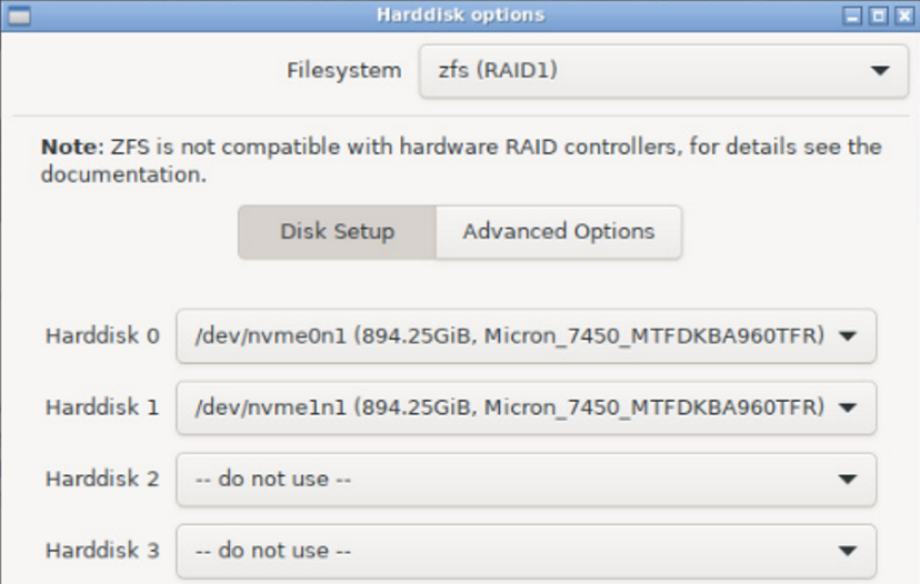 Selecting ZFS RAID1 and choosing both M.2 drives