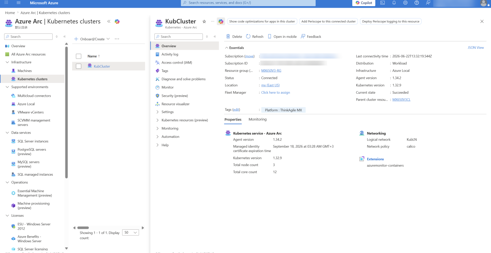 Azure Arc overview of a VM-based AKS cluster running on ThinkAgile MX Azure Local infrastructure, showing cluster configuration, connectivity, Kubernetes version, capacity, monitoring, and extensions