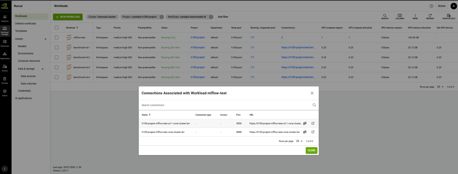 Run:ai Workloads page showing the connections associated with a workspace