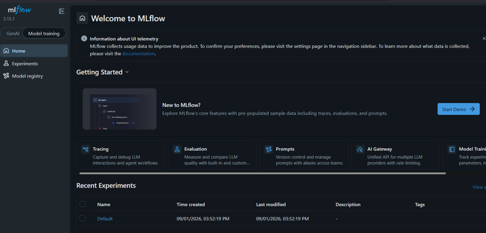 MLflow experiment tracking dashboard