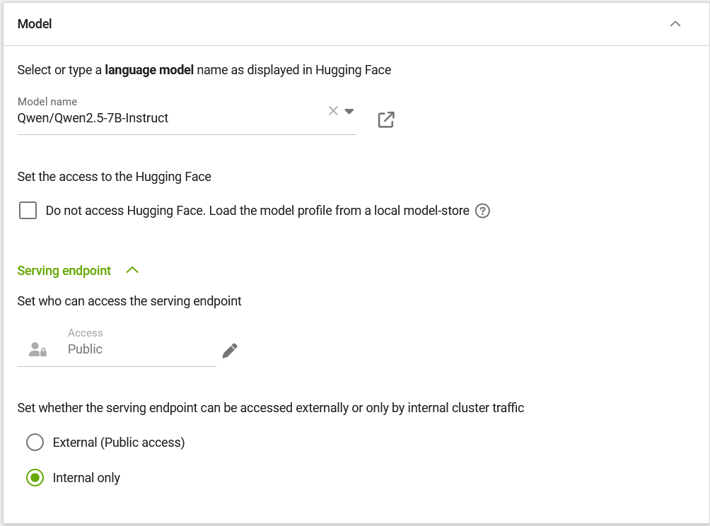 Selecting a Hugging Face model and configuring inference endpoint access